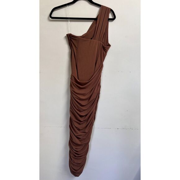HOUSE OF CB Valentina One-Shoulder Midi Dress Womens Small Mocha Asymmetric Cut - Picture 3 of 7